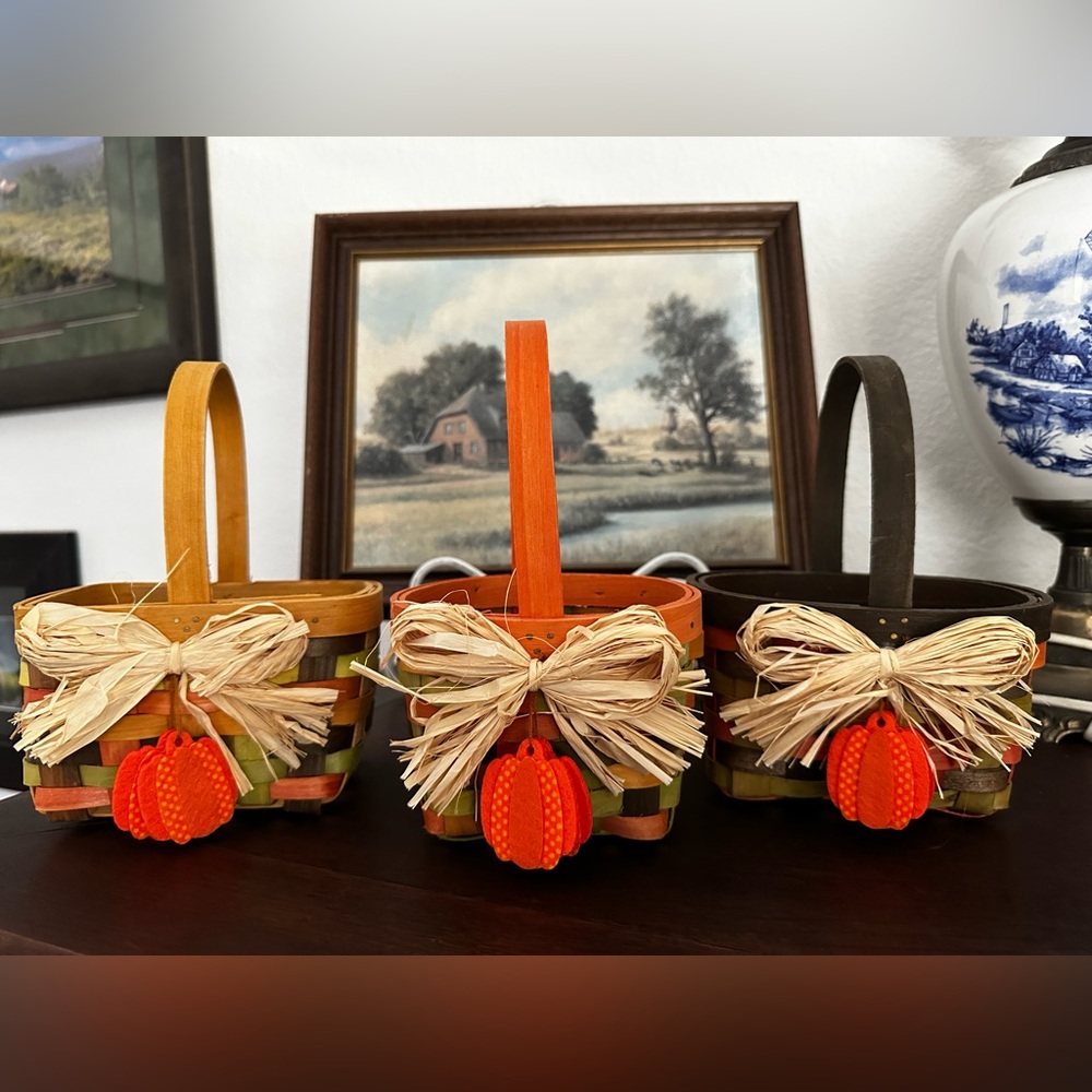 Lot of 3 Woven Wood Baskets Fall Harvest Baskets